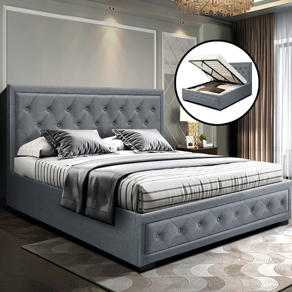 Berlin Bed Frame Fabric Gas Lift Storage - Grey Queen