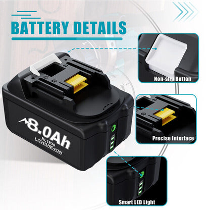 8.0Ah Makita Suitable Battery 18V LXT Lithium‑Ion BL1860B BL1840B BL1830B