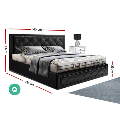 Berlin Bed Frame PU Leather Gas Lift Storage - Black Queen