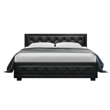 Berlin Bed Frame PU Leather Gas Lift Storage - Black Queen