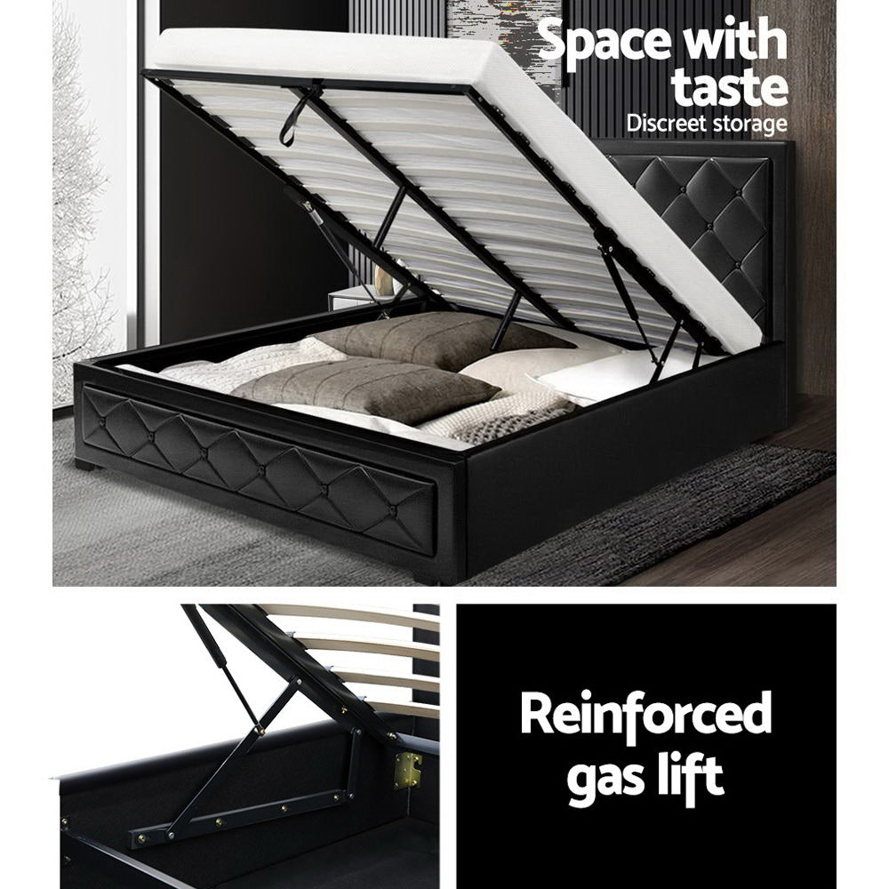 Berlin Bed Frame PU Leather Gas Lift Storage - Black Queen
