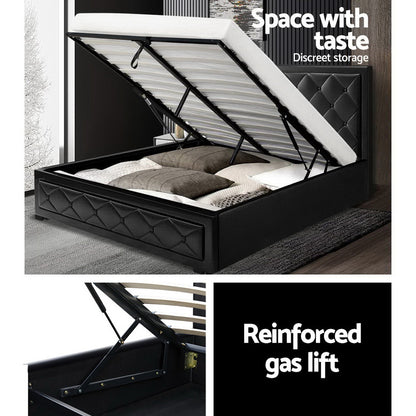 Berlin Bed Frame PU Leather Gas Lift Storage - Black Queen