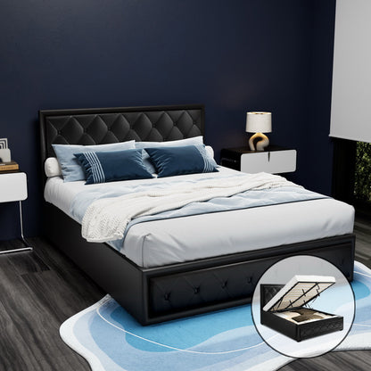 Berlin Bed Frame PU Leather Gas Lift Storage - Black Queen