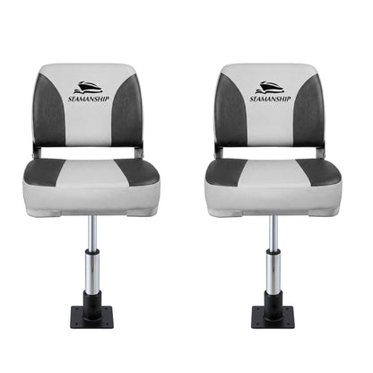 Seamanship 2X Folding Boat Seats with 2X Adjustable Pedestals 34–46cm Marine Swivel Low Back 13cm Padding Charcoal
