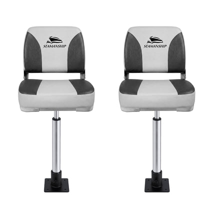 Seamanship 2X Folding Boat Seats with 2X Adjustable Pedestals 55–75cm Marine Swivel Low Back 13cm Padding Charcoal