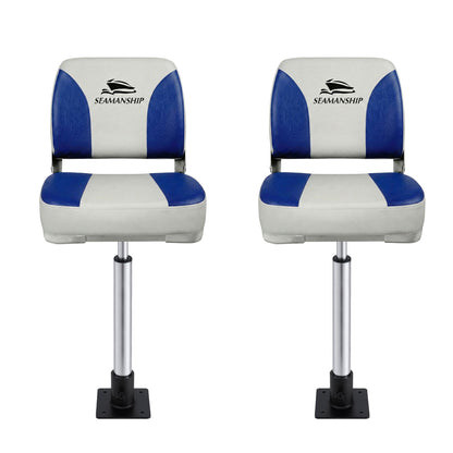 Seamanship 2X Folding Boat Seats with 2X Adjustable Pedestals 55–75cm Marine Swivel Low Back 13cm Padding White Blue