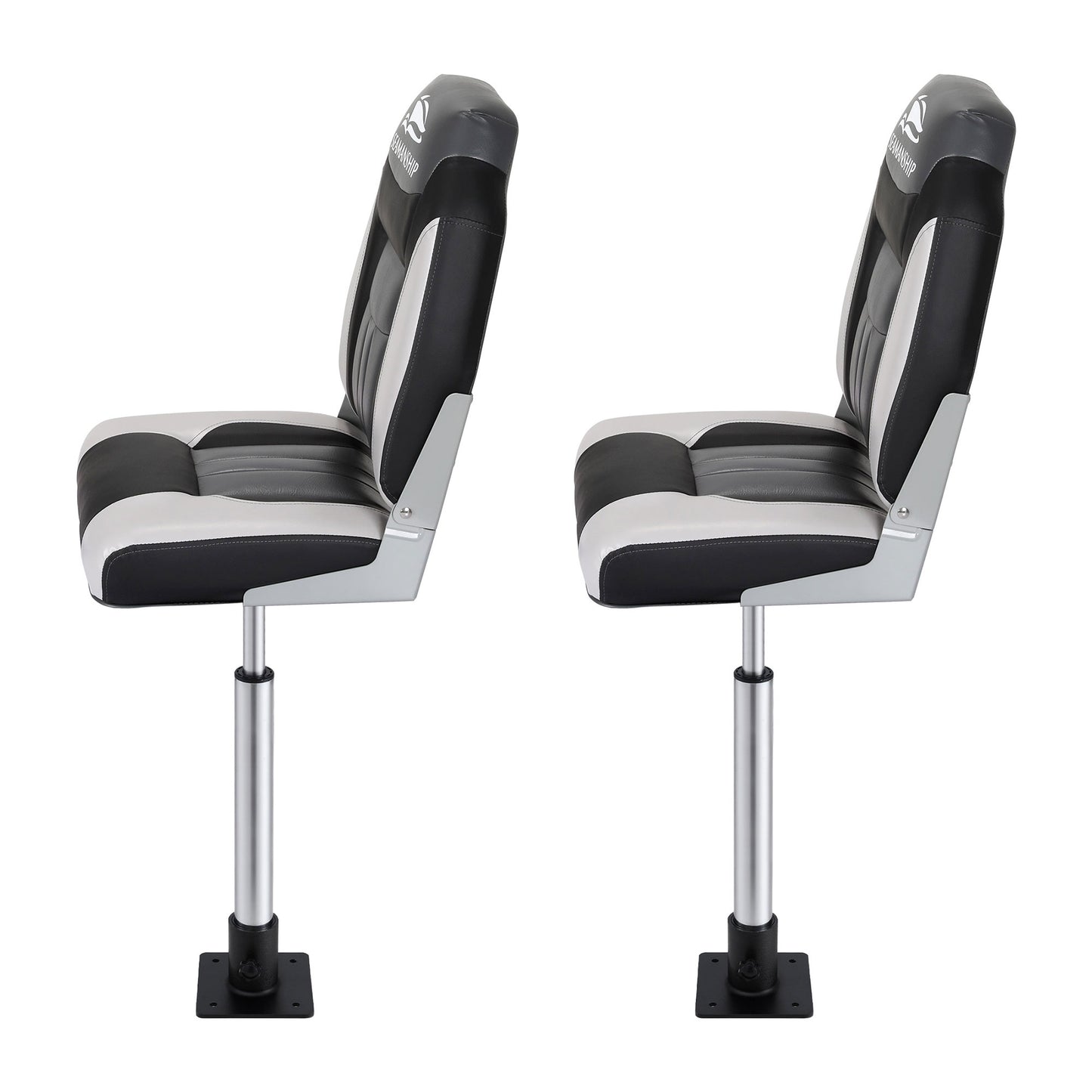 Seamanship 2X Folding Boat Seats with 2X Adjustable Pedestals 55–75cm Marine Seat Swivel High Back 12cm Padding Black