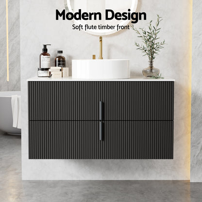 Cefito Vanity Unit 900mm Bathroom Cabinet Storage Wall Hung Black Timber Front