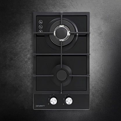 Devanti Gas Cooktop 30cm 2 Burner Built-in Stove Glass Cook Top NG LPG Wok Burner