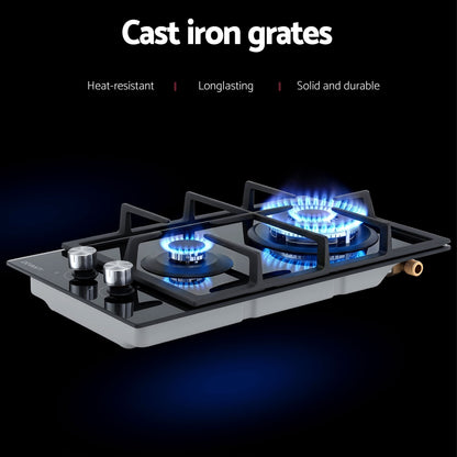 Devanti Gas Cooktop 30cm 2 Burner Built-in Stove Glass Cook Top NG LPG Wok Burner