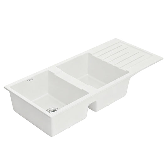 Cefito Kitchen Sink 116x50cm Granite Stone Sink Double Bowl White