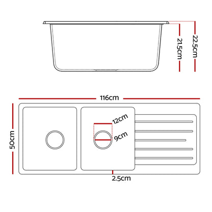 Cefito Kitchen Sink 116x50cm Granite Stone Sink Double Bowl White