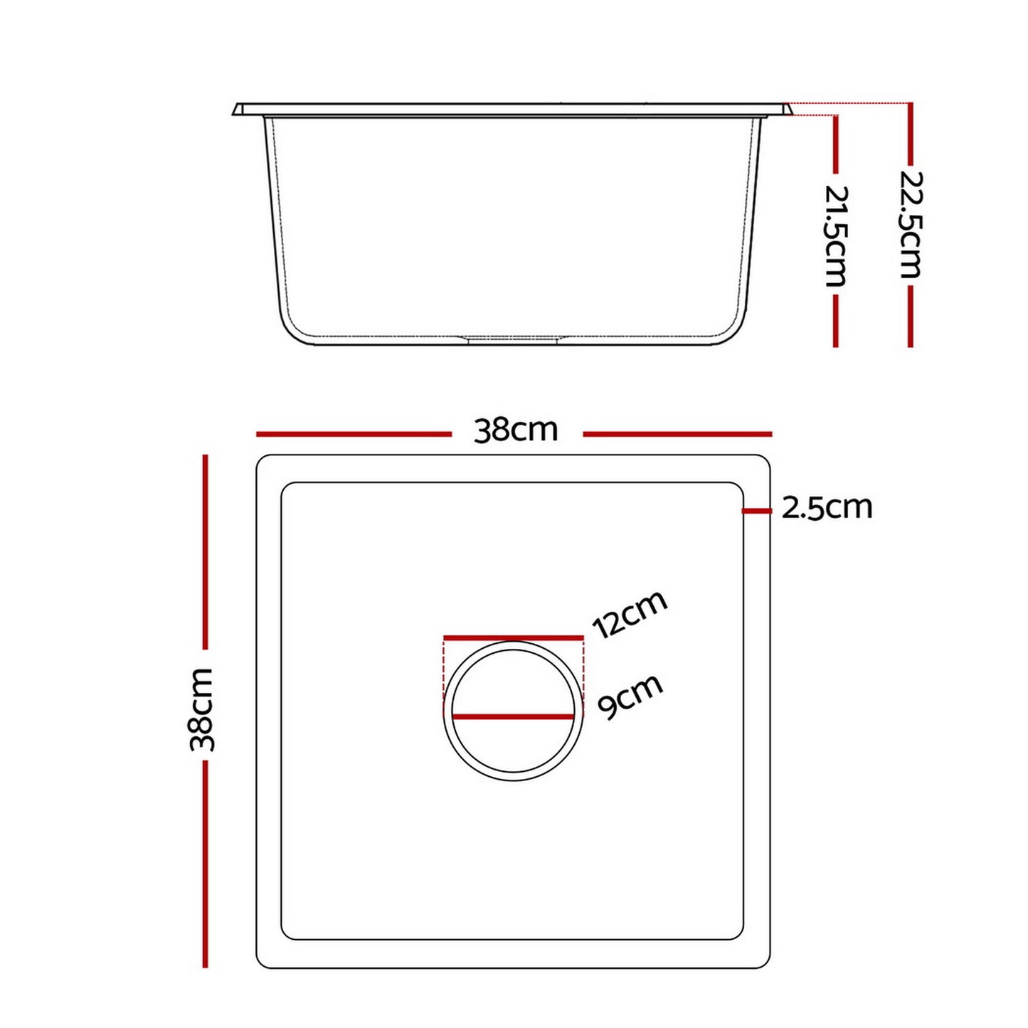 Cefito Kitchen Sink 38x38cm Granite Stone Sink Single Bowl Black
