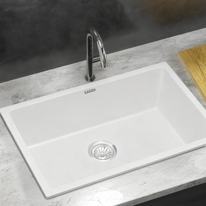 Cefito Kitchen Sink 70x45cm Granite Stone Sink Single Bowl White