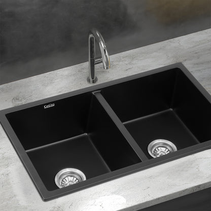 Cefito Kitchen Sink 77x45cm Granite Stone Sink Double Bowl Black