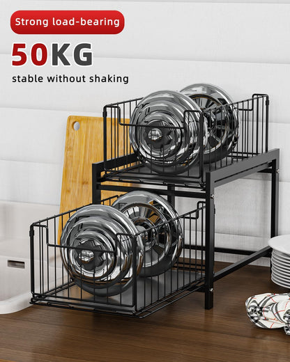 CARLA HOME 2 Tier Sliding Cabinet Organizer Drawer Storage Rack for Kitchen or Bathroom