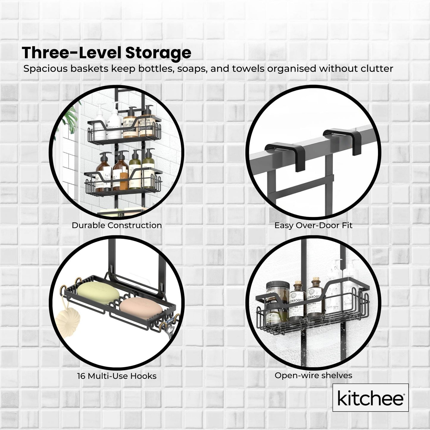Kitchee 3 Tier Shower Caddy Over Door Bathroom Hanging Shelf Storage Rack Black