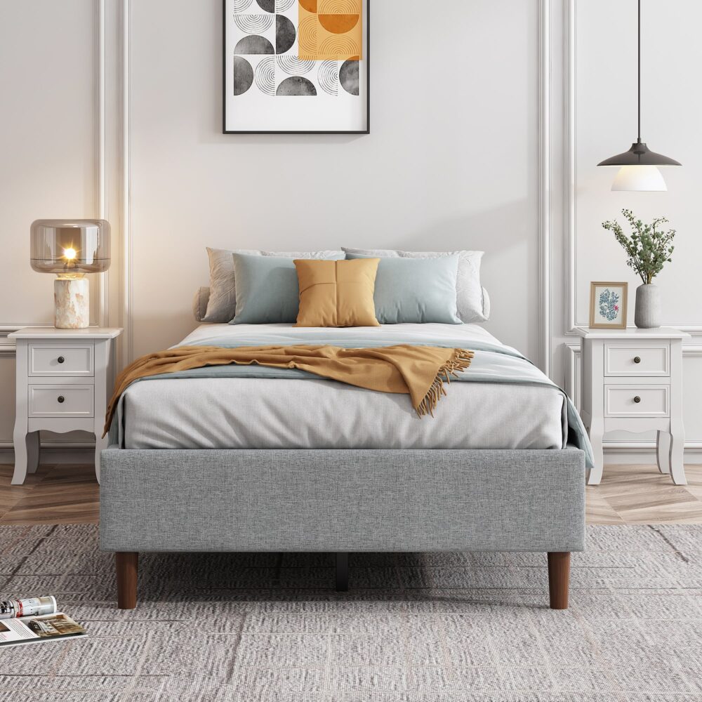 Bedframe with Wooden Slats (Light Grey) – Double