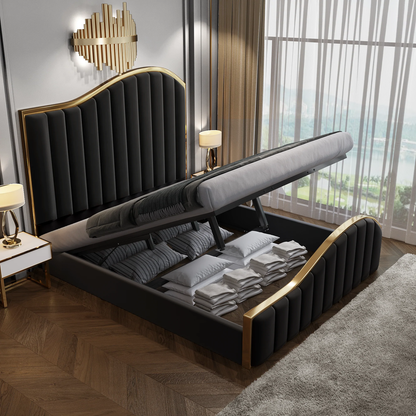 King Size Black Velvet Fabric Golden Metal Storage Elegant Luxury Bedframe