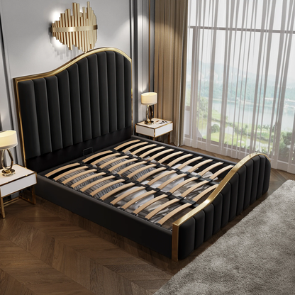 King Size Black Velvet Fabric Golden Metal Storage Elegant Luxury Bedframe