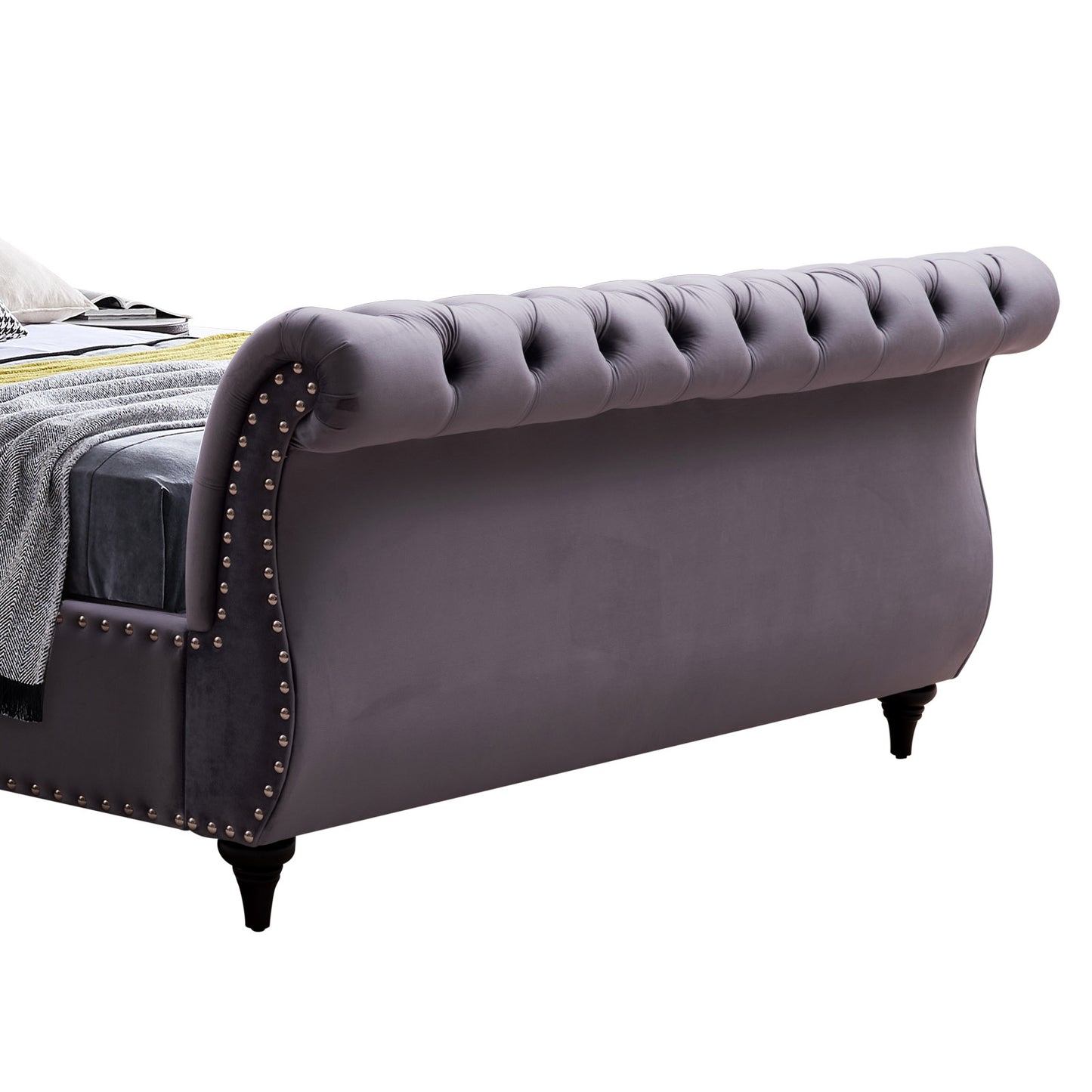 Queen Size Sleigh Bedframe Velvet Upholstery Grey Colour Tufted Headboard And Footboard Deep Quilting