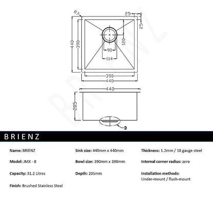 440x440mm Handmade Stainless Steel Undermount / Topmount Kitchen Laundry Sink with Waste