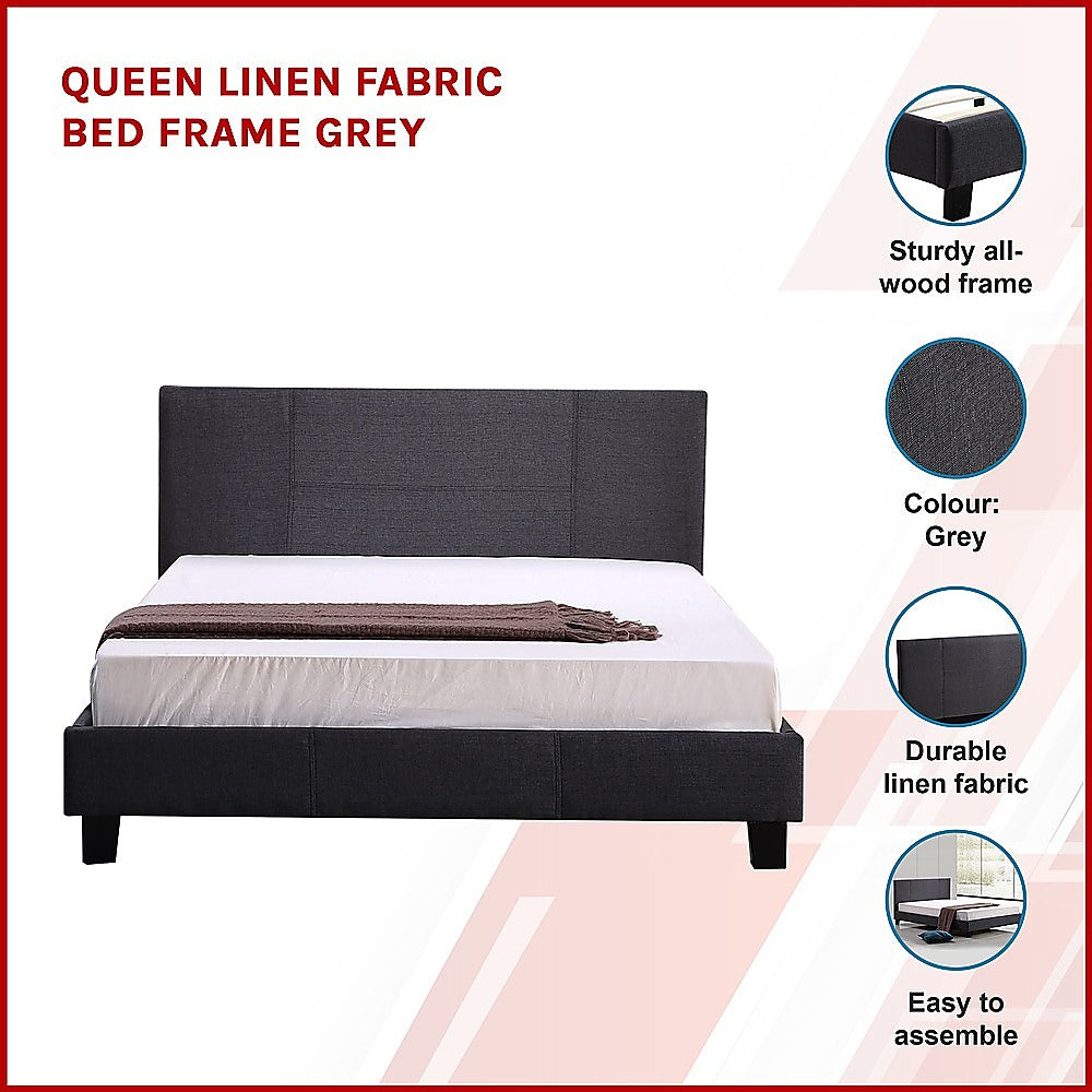 Queen Linen Fabric Bed Frame Grey