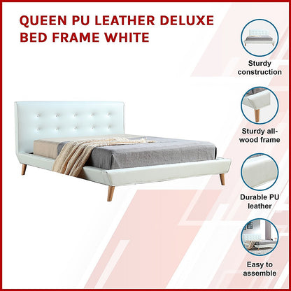 Queen PU Leather Deluxe Bed Frame White