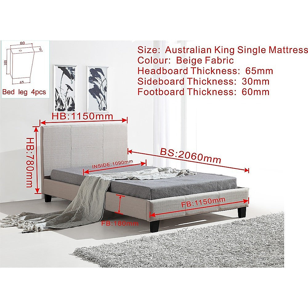 "Sydney King Single Beige Linen Bed Frame – Perfect for Contemporary Interiors"