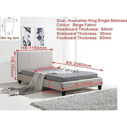 "Sydney King Single Beige Linen Bed Frame – Perfect for Contemporary Interiors"