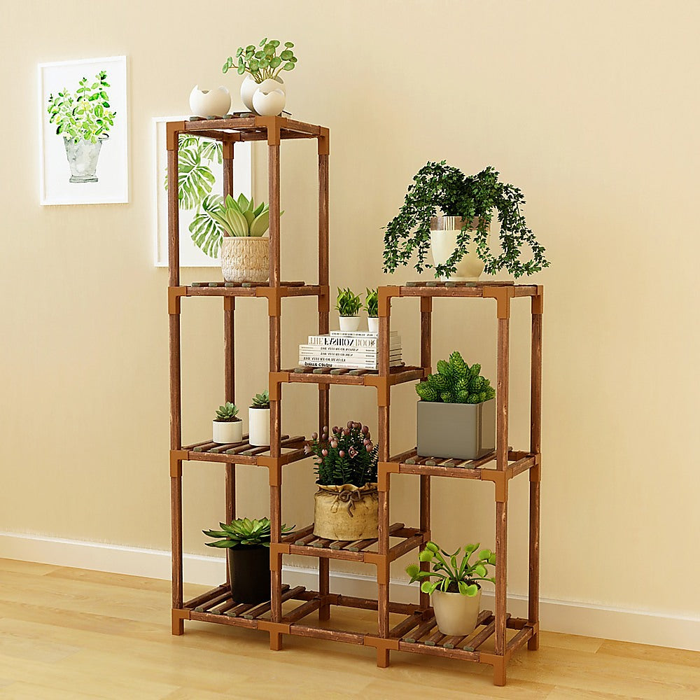 Indoor Outdoor Garden Plant Stand Planter Flower Pot Shelf Wooden Shelving - 9 Shelves