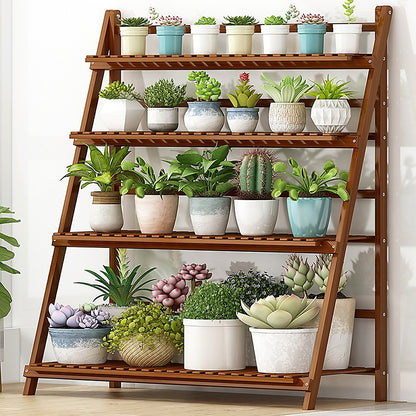 A wooden plant stand with multiple tiers, each holding potted plants. The stand has a minimalist design and is placed near a window, allowing sunlight to filter through the leaves.