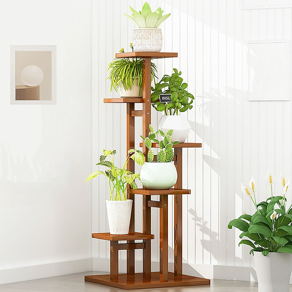 5 Tiers Vertical Bamboo Plant Stand Staged Flower Shelf Rack Outdoor Garden