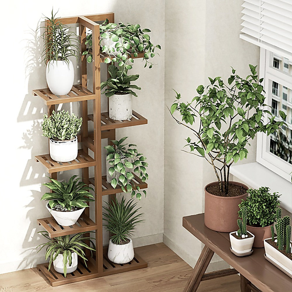 6 Tiers Vertical Bamboo Plant Stand Staged Flower Shelf Rack Outdoor Garden