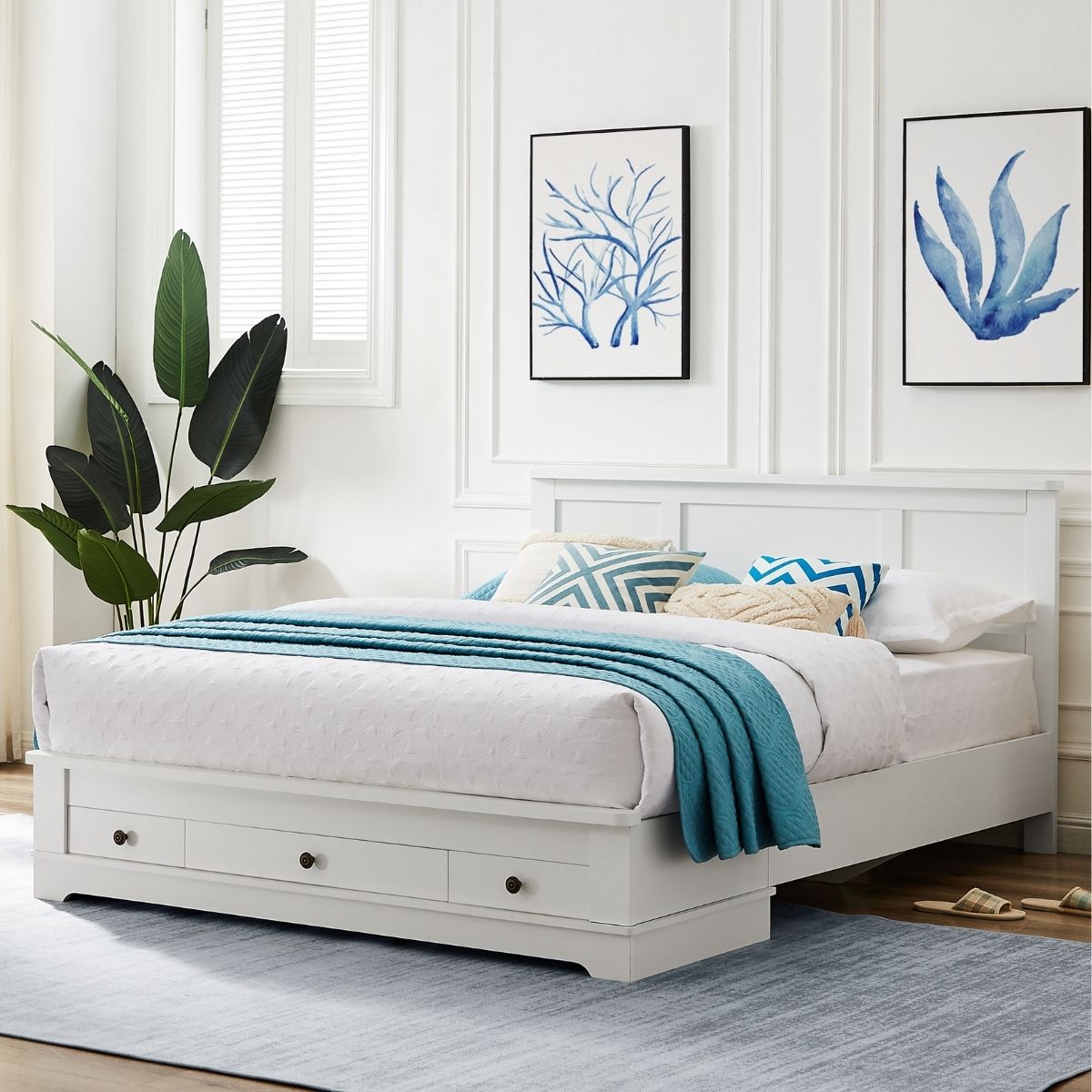 Margaux White Coastal Lifestyle Bedframe with Storage Drawers Queen