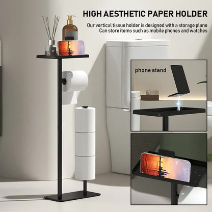 3-in-1 Freestanding Toilet Paper Holder - Thick Carbon Steel with Matte Black Finish, Storage Top, Paper Roll Holder, and Integrated Brush Holder