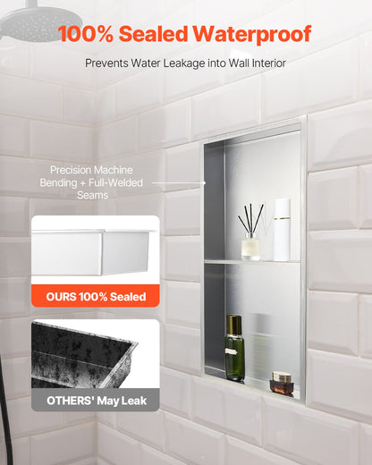 Shower Niche, 33.0 x 63.5 x 10.2 cm Recessed Wall Niche Double-layer, with Hollowed-out Divider, Heavy-duty Stainless Steel Modern Shampoo Storage Organizer, Waterproof, Silver for Bathroom