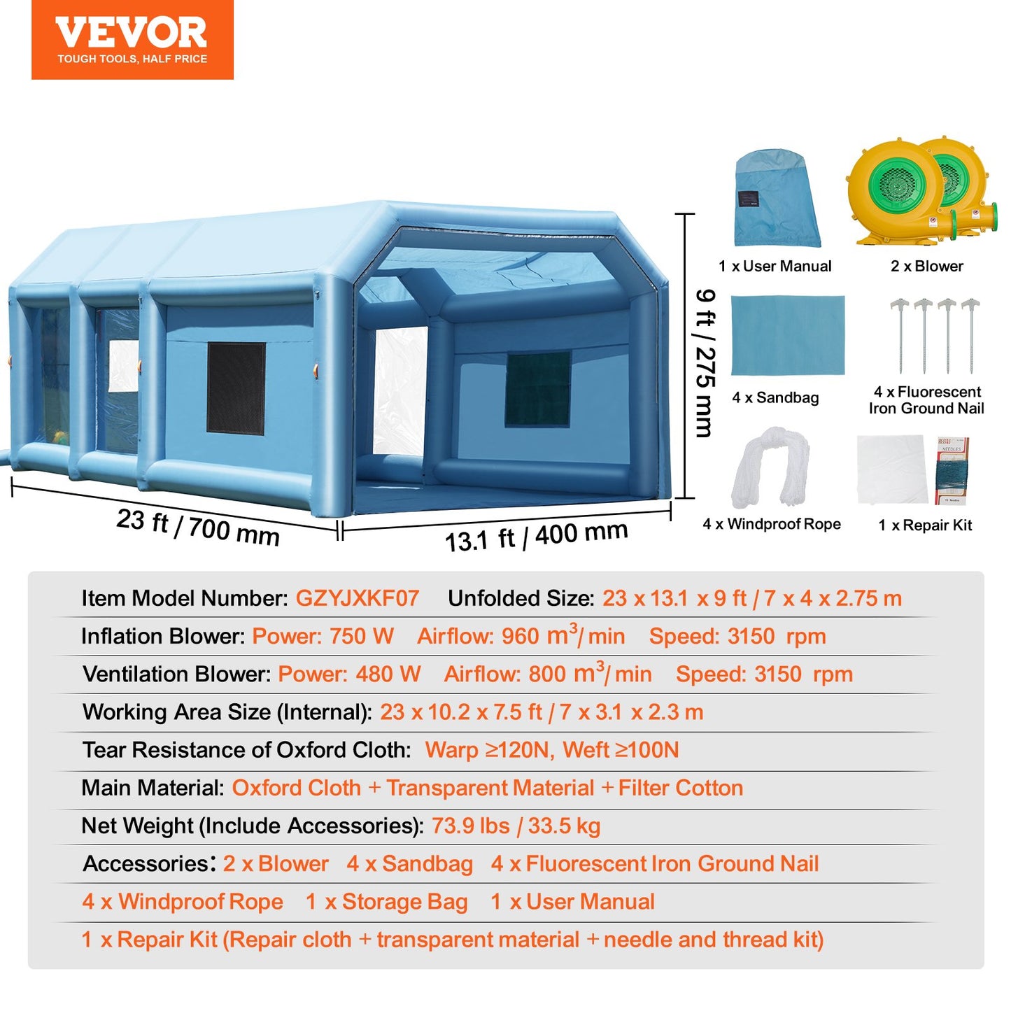 Inflatable Paint Booth 23x13.1x9ft Inflatable Spray Booth 750W+480W Blower