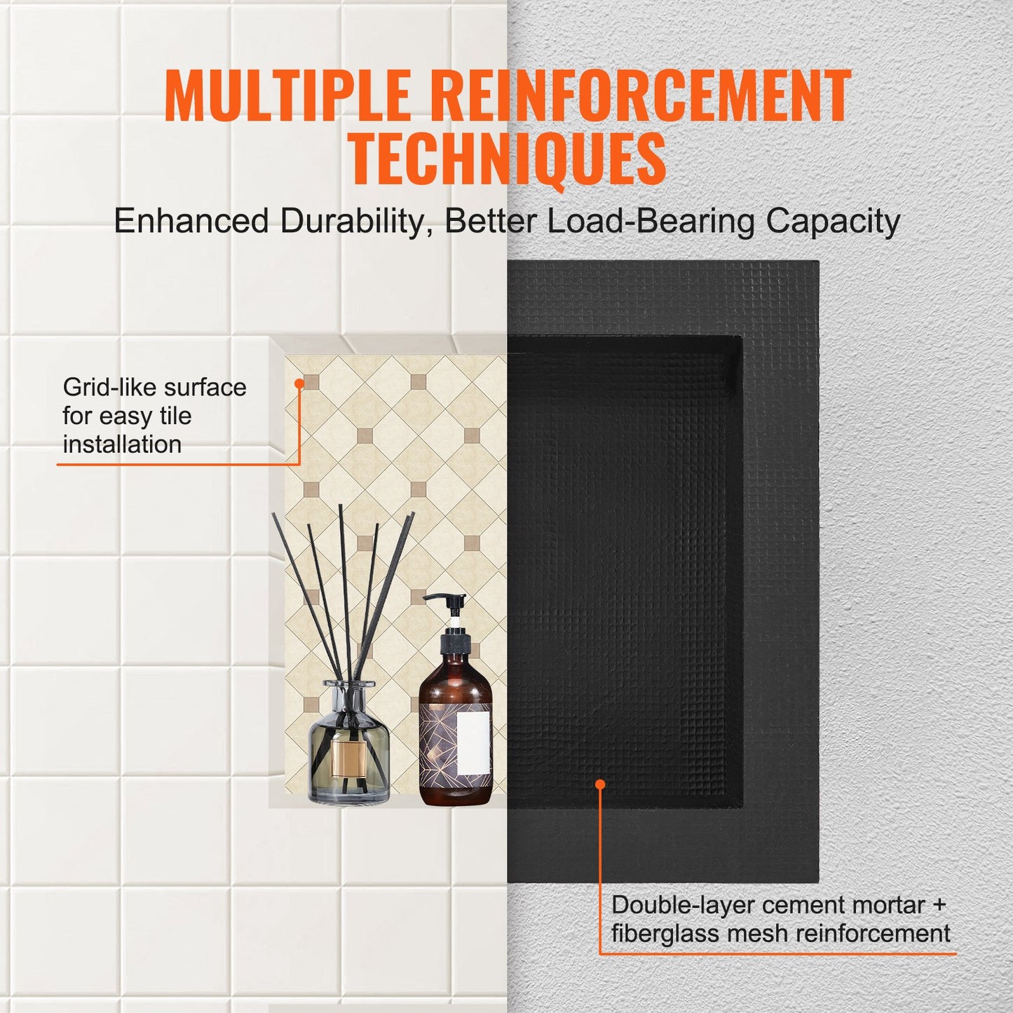 Shower Niche Ready for Tile 40.64 x 40.64 cm, Single Shelf Organizer, Square Corners Wall-inserted Niche Recessed, Sealed Protection Modern Soap Storage Niche for Shower Bathroom, Black