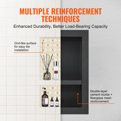 Shower Niche Ready for Tile 40.64 x 60.96 cm, 16 x 24 inch Double Shelf Organizer, Square Corners Wall-inserted Niche Recessed, Sealed Protection Modern Soap Storage Niche for Shower Bathroom, Black
