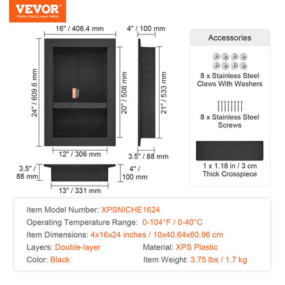 Shower Niche Ready for Tile 40.64 x 60.96 cm, 16 x 24 inch Double Shelf Organizer, Square Corners Wall-inserted Niche Recessed, Sealed Protection Modern Soap Storage Niche for Shower Bathroom, Black
