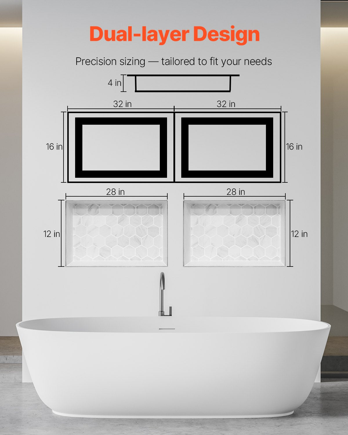 Shower Niche 40.6 x 81.3 + 40.6 x 81.3 cm Recessed Wall Shelf Bathroom