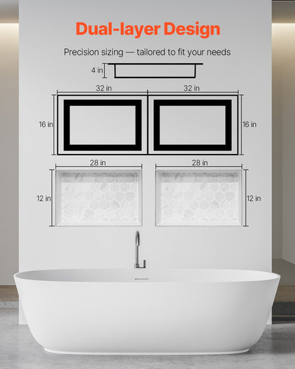Shower Niche 40.6 x 81.3 + 40.6 x 81.3 cm Recessed Wall Shelf Bathroom