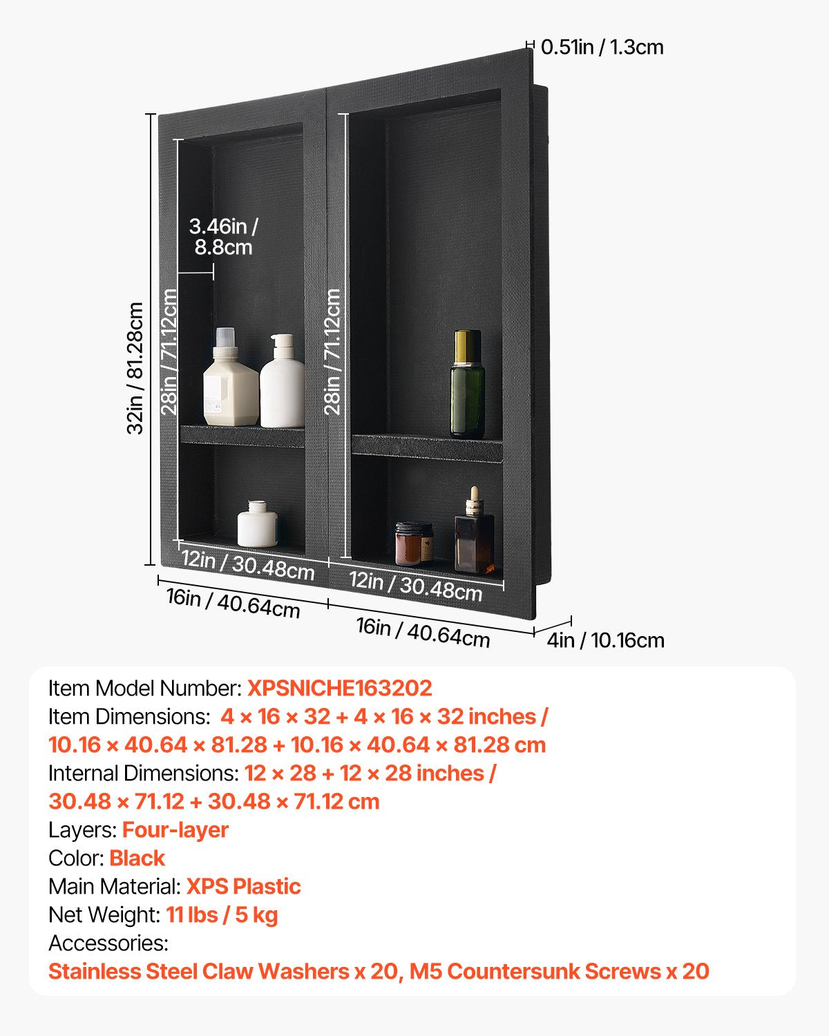 Shower Niche 40.6 x 81.3 + 40.6 x 81.3 cm Recessed Wall Shelf Bathroom