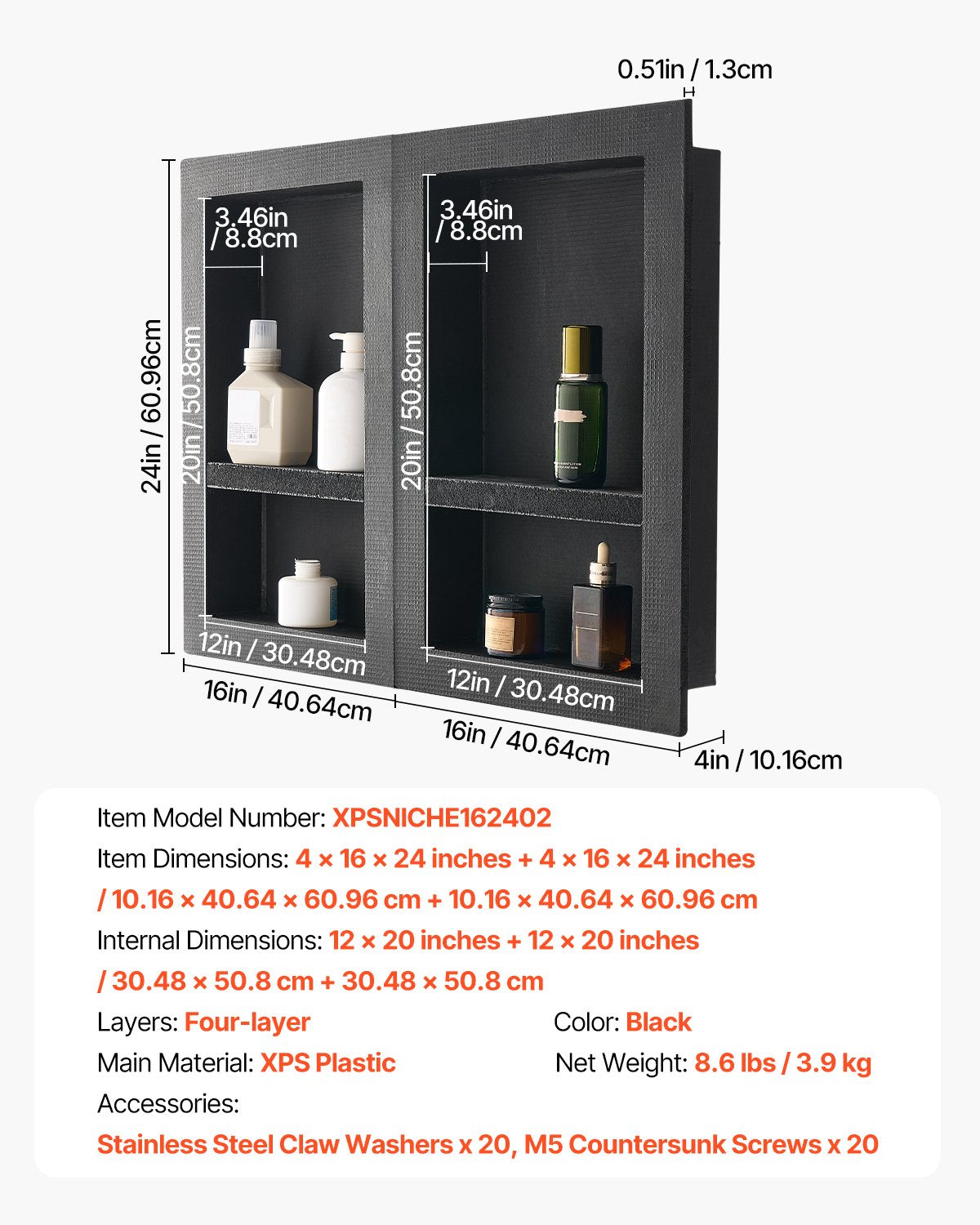 Shower Niche 40.6 x 61+40.6 x 61 cm Recessed Wall Organizer Bathroom