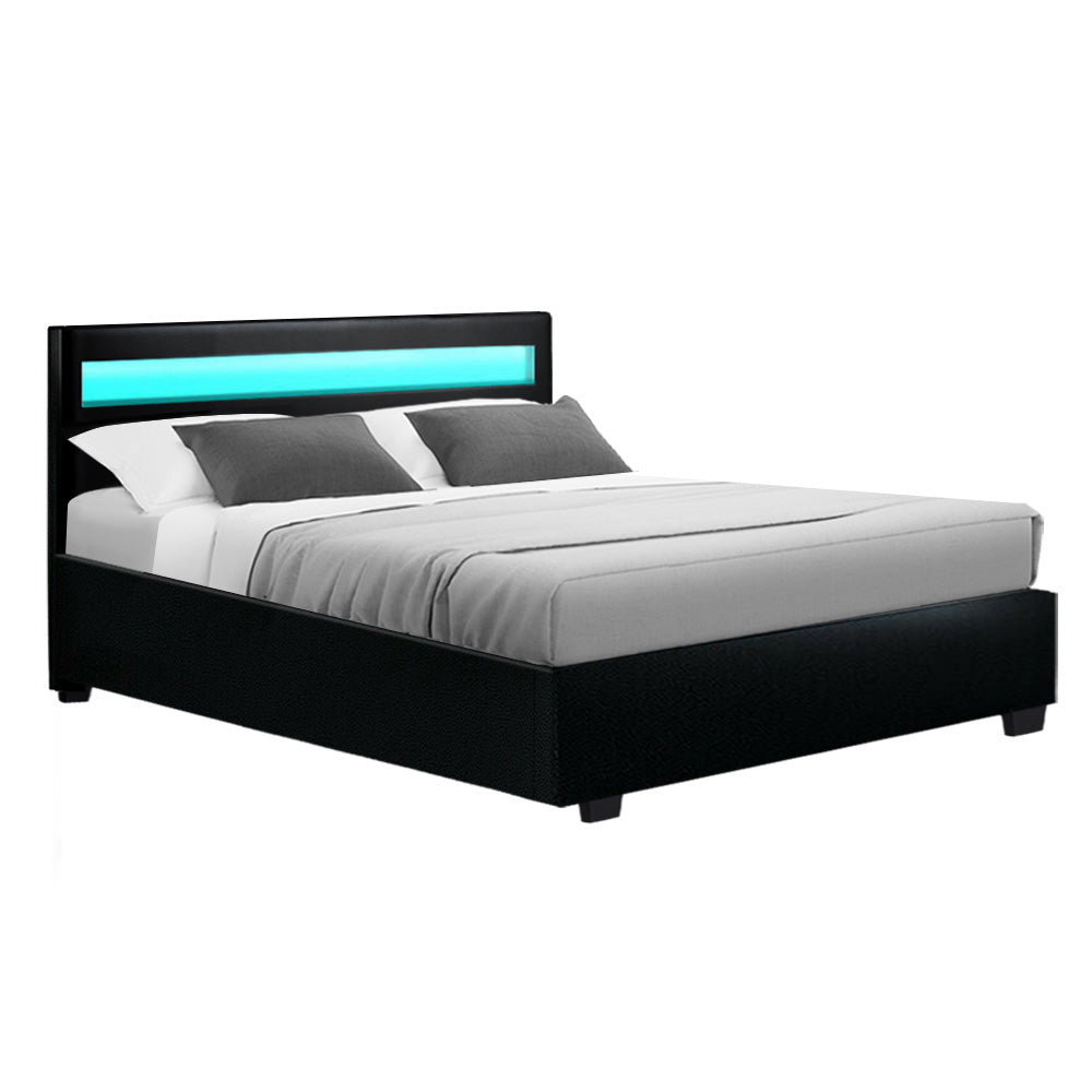 Serenova Cole LED Bed Frame PU Leather Gas Lift Storage - Black Double