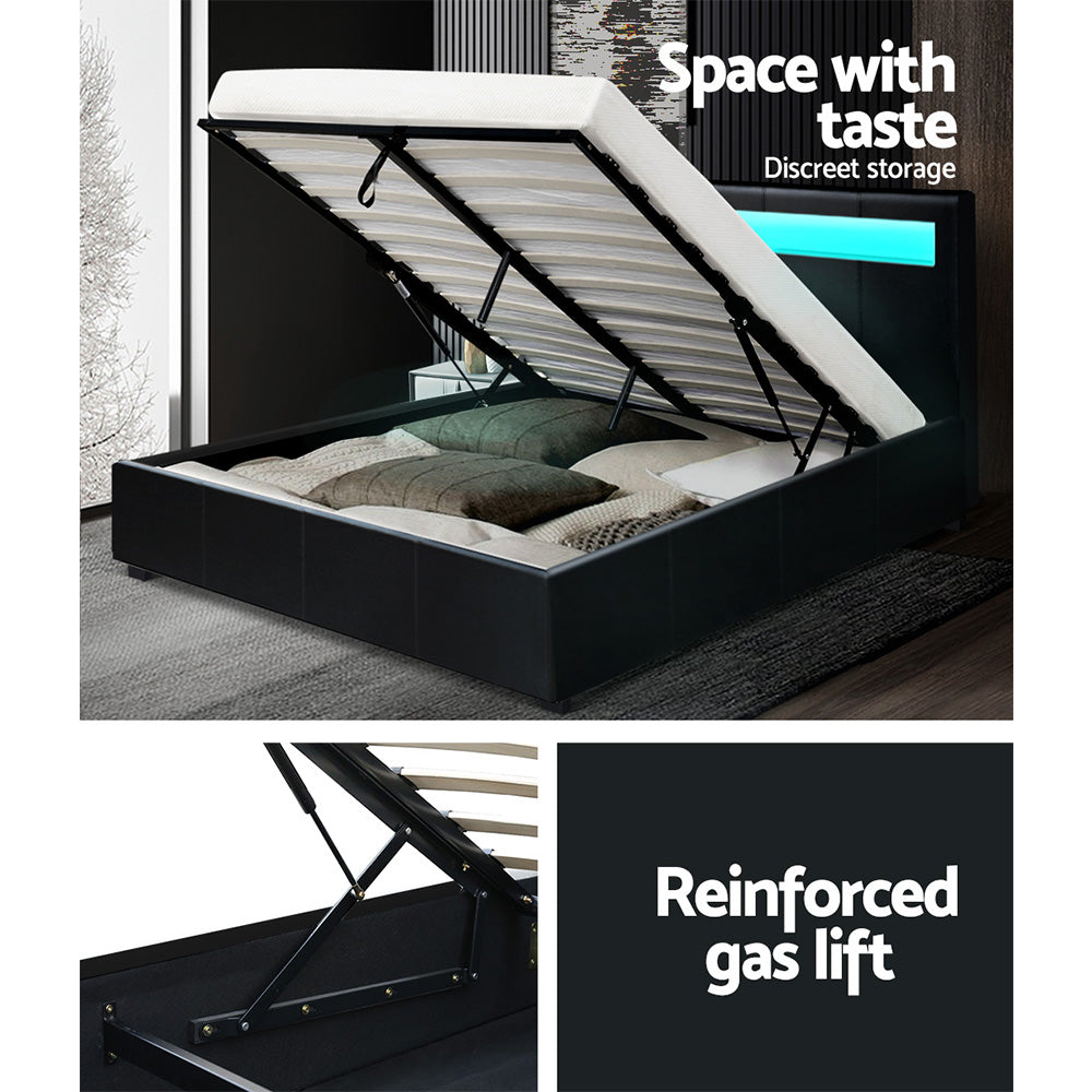 Serenova Cole LED Bed Frame PU Leather Gas Lift Storage - Black Double