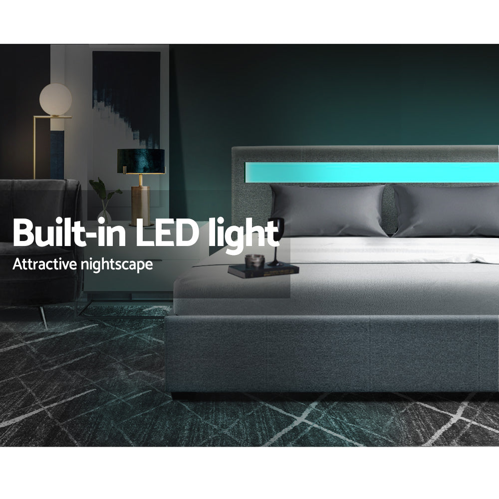 Colee Bed Frame Double Size Gas Lift RGB LED Bedbase Grey