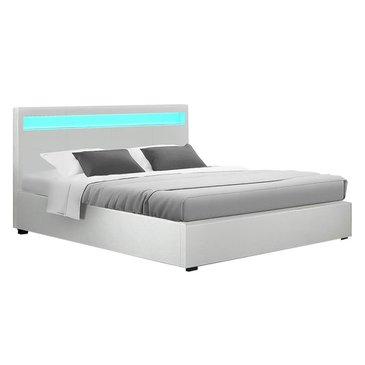 Colee Bed Frame Double Size Gas Lift RGB LED White