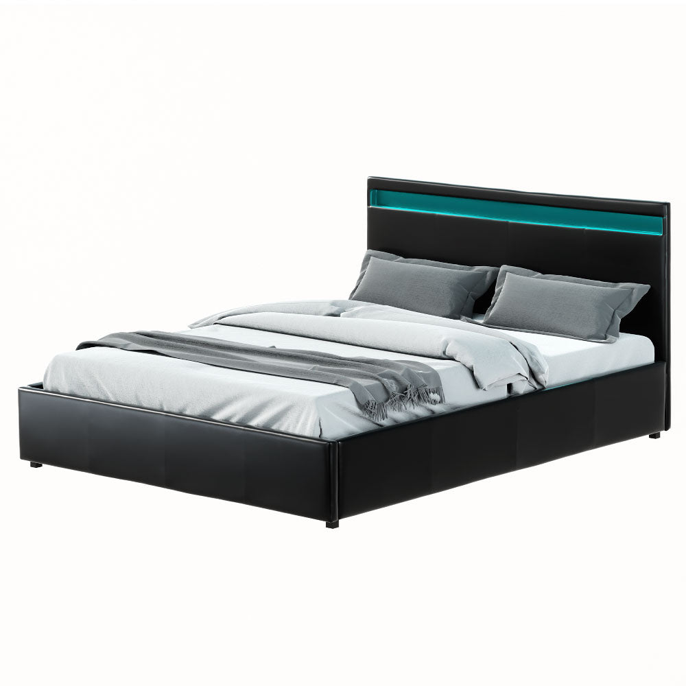 Serenova Cole LED Bed Frame PU Leather Gas Lift Storage - Black Queen